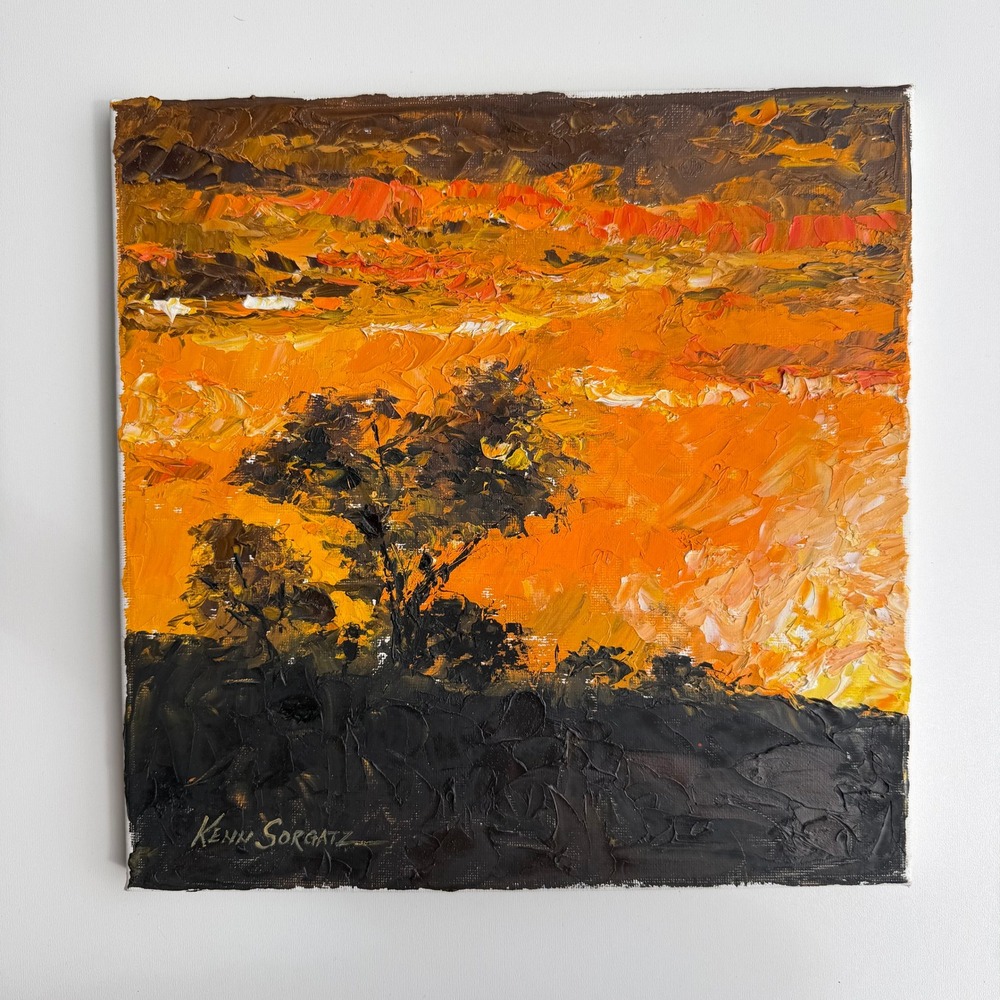 Sunset‎ Landscape Painting 12x12 Orange Impasto Oil on Canvas Kenn Sorgatz